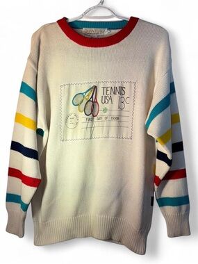 Crewneck Sweater - Cream with Multi Color Stripes